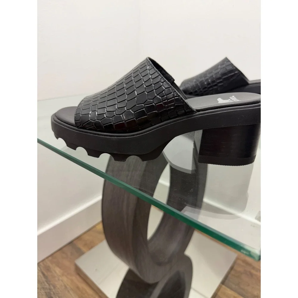 Sorel Brex Slide Sandal Black Croc Embossed Leather Platform Heel NL5085-010 7.5